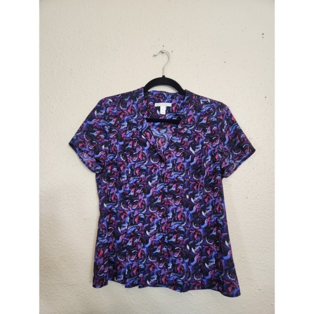 Dana Buchman Women's Purple Pink Abstract Short Sleeve Button Down Blouse Small